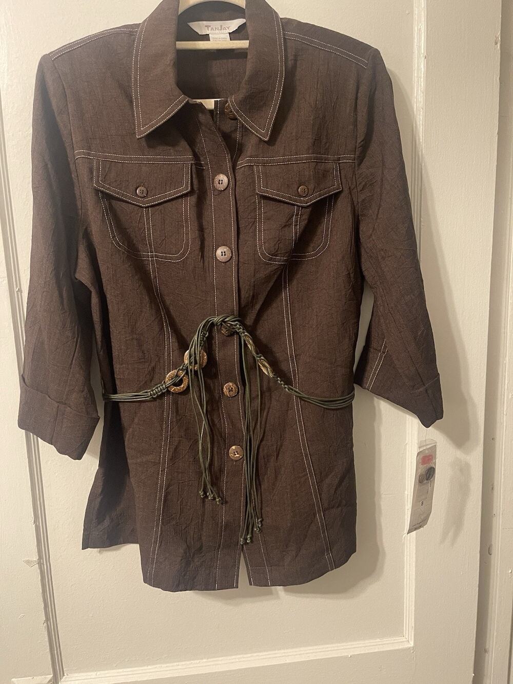 TanJay Women's Brown Button Front belted shirt Size 8